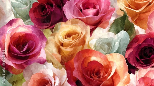 Watercolor painting of blooming pink and purple roses with artistic splashes and gradients on a dreamy white background for romantic design