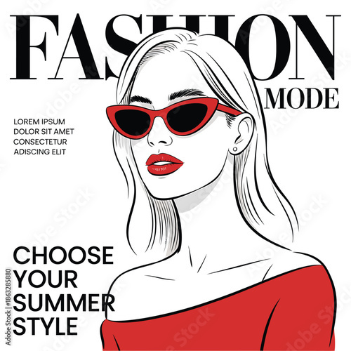 Stylish woman in red sunglasses and dress fashion magazine cover design