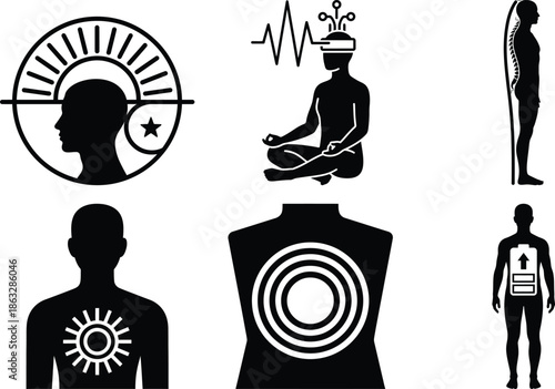 Biohacking Future-Ready Human & Cognitive Expansion Icons Bundle � Energy Flow, Management, Exoskeleton Concept, Habit Stacking