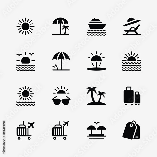 Collection of summer vacation icons depicting sun beach and travel elements