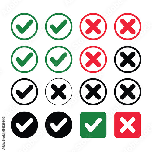 Collection of check and cross marks in various colors and styles