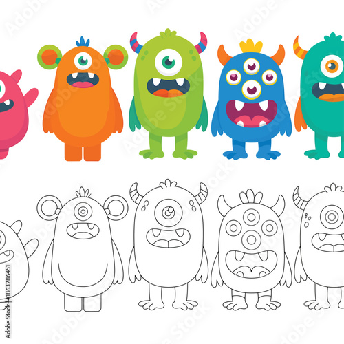 Colorful cartoon monsters and their line art counterparts displayed in a row