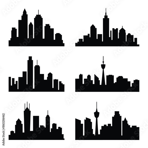 Silhouettes of diverse city skylines displayed in a monochrome arrangement