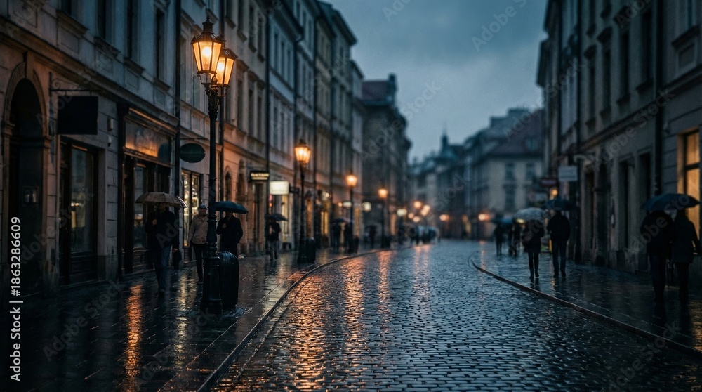 Fototapeta premium Dim rainy street scene with wet cobblestones and warm lamplight