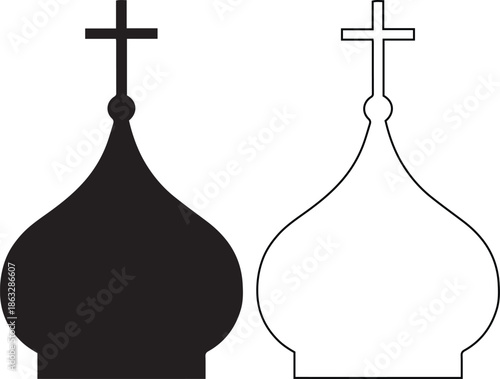 Orthodox church onion dome vector icon set with cross silhouette and outline, ideal for Russian religious architecture, eastern christian symbols and cathedral design elements.