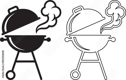 Barbecue grill vector icon set featuring black silhouette and outline with smoke, ideal for summer picnic flyers, outdoor cooking parties, BBQ restaurant menus and food graphic design.