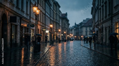 Dim rainy street scene with wet cobblestones and warm lamplight
