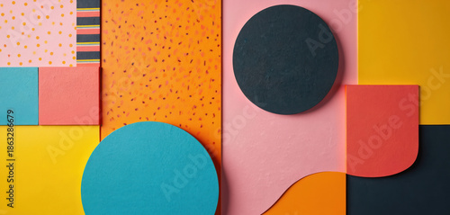 Colorful abstract shapes create playful geometric pattern. Squares circles and wavy lines arranged in vibrant asymmetrical composition. Modern graphic design, bright background texture.