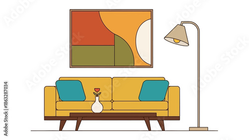 Modern Living Room with Yellow Sofa, Abstract Art, and Floor Lamp