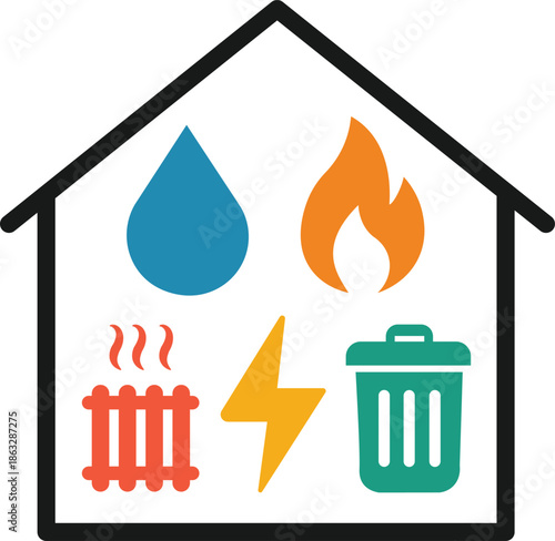 Home safety icons depicting water, fire, electricity, and waste