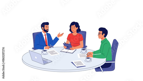 Business meeting with diverse team discussing strategy around table