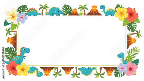 Decorative frame with dinosaurs, volcanoes, palm trees, and hibiscus flowers around a blank white space.