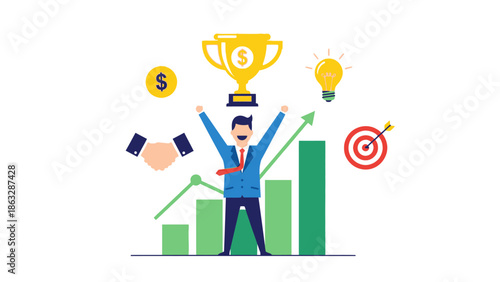 Businessman celebrating success with trophy and growth chart