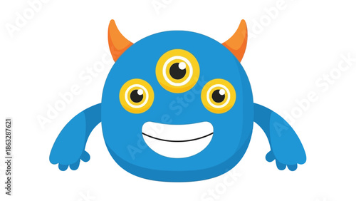 Happy Blue Monster Cartoon Character with Three Eyes and Horns