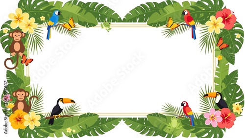 Tropical frame featuring monkeys, parrots, toucans, butterflies, and vibrant flowers.