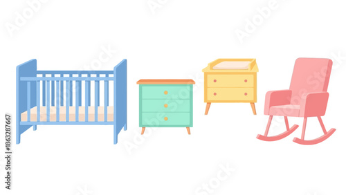 Nursery Furniture Set: Crib, Dresser, Changing Table, Rocking Chair