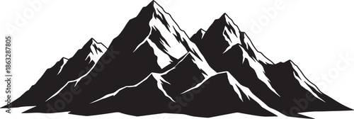 Black and white of jagged mountain peaks with snow patches also transparent background