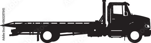 Black and White Silhouette of a Flatbed Truck with a Long Cargo Bed also transparent background