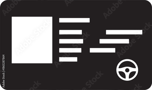 Black rectangular background with white rectangular and horizontal bar shapes and a steering wheel also transparent background