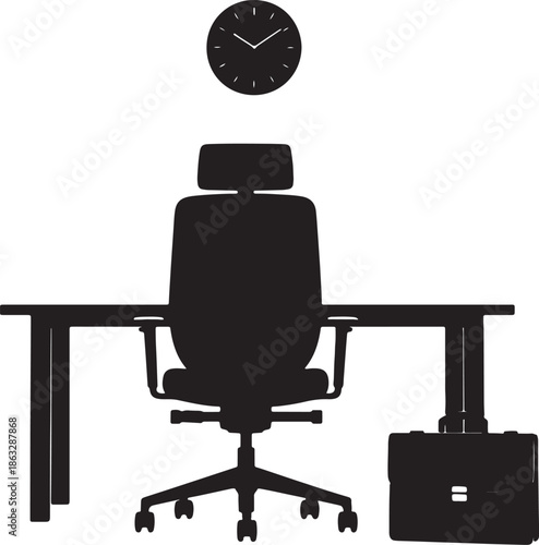 Black silhouette of an office chair with a clock above and a briefcase to the side also transparent background