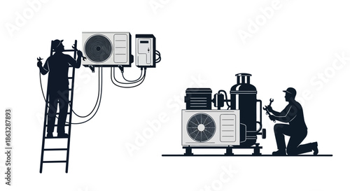 Hvac technicians installing and maintaining air conditioning systems in a building