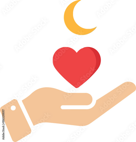 Ramadan Charity Donation Vector, Islamic Hand Holding Heart and Crescent Moon Clipart