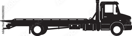 Black and white silhouette of a flatbed tow truck with a long flatbed and a prominent tow hook also transparent background