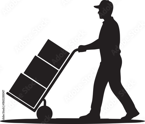 Worker pushing stacked boxes trolley silhouette