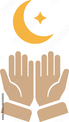 Ramadan Islamic Prayer Hands with Crescent Moon Vector Clipart for Eid and Religious Designs