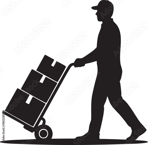 Warehouse worker pushing large boxes silhouette