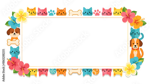 Rectangular frame decorated with cartoon cats, dogs, bones, paw prints, and hibiscus flowers.