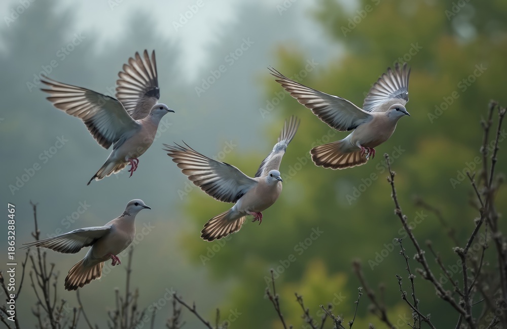 Obraz premium Four mourning doves ascend into misty air over green foliage. Birds spread wings, fly upwards towards soft light, showing natural wing detail and feather texture.