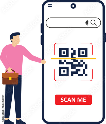 Qr Code SCAN ME template with a smartphone for application screenshot presentation. Can use for, landing page, template, ui, web, mobile app, banner flyer. Qr Verification Concept. Vector illustration