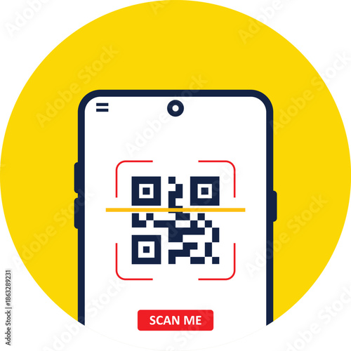 Qr Code SCAN ME template with a smartphone for application screenshot presentation. Can use for, landing page, template, ui, web, mobile app, banner flyer. Qr Verification Concept. Vector illustration