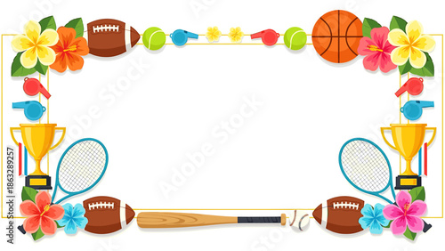 Colorful sports-themed frame featuring various athletic equipment and floral elements.