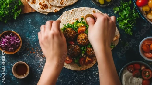 Preparing falafel wrap with fresh ingredients culinary still life