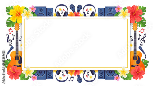 A festive music-themed frame with guitars, flowers, and audio equipment for a blank space.