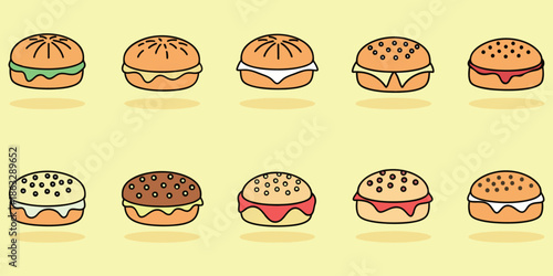 A delightful collection of cartoon burger bun elements featuring various toppings and styles perfect for fast food menu designs