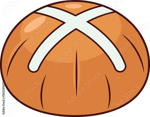 A charming cartoon illustration of a traditional hot cross bun perfect for Easter celebrations and springtime menus