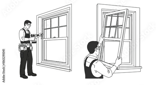 Illustration of a window with a roped ladder and two figures