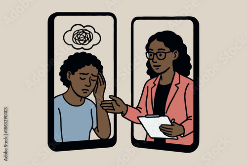 Illustration of a person receiving virtual mental health support from a therapist via smartphones, flat style on beige background, concept of teletherapy