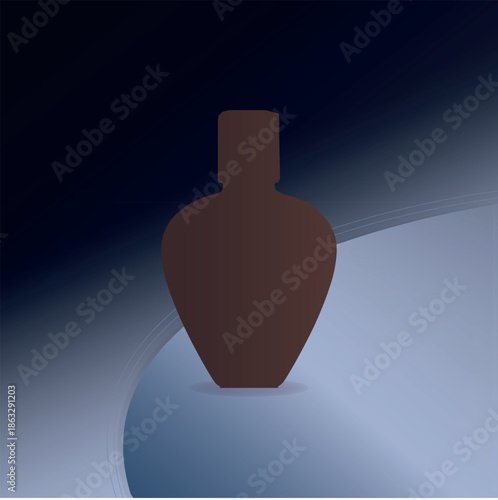 Bottle silhouette in dark blue and light gray gradient background with subtle wave patterns, minimalistic design, perfume or essential oil container, and a simple and elegant illustration