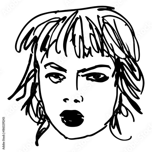 Head of a pretty sulky girl with disheveled short blond hair. Female portrait with dark lipstick. Hand drawn linear doodle rough sketch. Black and white silhouette.