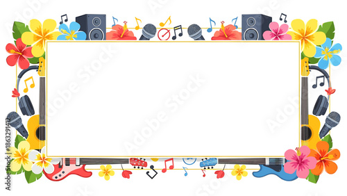 A colorful frame featuring musical instruments, flowers, and notes surrounding a blank white rectangle.