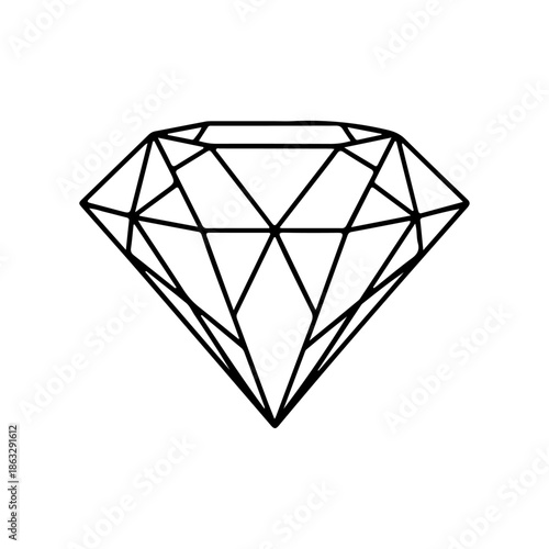 Minimalist black diamond silhouette with geometric line art on white background. Elegant vector illustration of a precious gemstone, symbolizing luxury, wealth, clarity, and jewelry design.