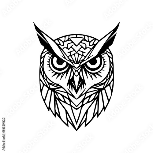 Geometric black silhouette of an owl head with intricate line art patterns. Minimalist vector illustration of a wise bird of prey, symbolizing wisdom, mystery, and nocturnal wildlife nature.