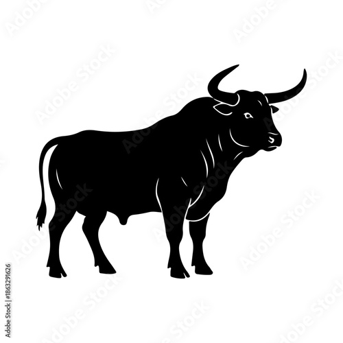 Powerful black silhouette of a muscular bull standing, isolated on white background. Minimalist vector illustration of a strong male ox or buffalo, representing strength, power, and determination.
