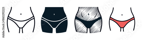 Set of four stylized female body icons showing the bikini area in different graphic styles like line art, silhouette, hatching, and color for beauty and wellness concepts