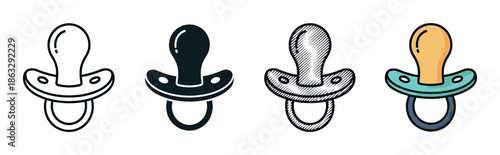 Set of four baby pacifier icons in various artistic styles including outline, silhouette, sketch, and a colorful cartoon design for childcare concepts