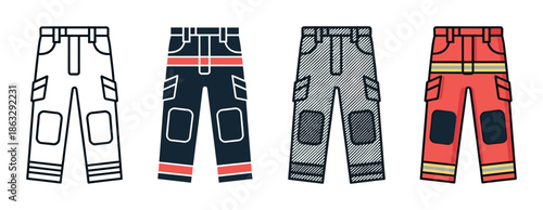 Firefighter protective pants icon collection showing four different design styles including line art, flat color, sketch, and a detailed cartoon version for emergency services